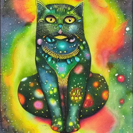 Image similar to a green cat surrounded by galaxies, watercolor by Louis William Wain,