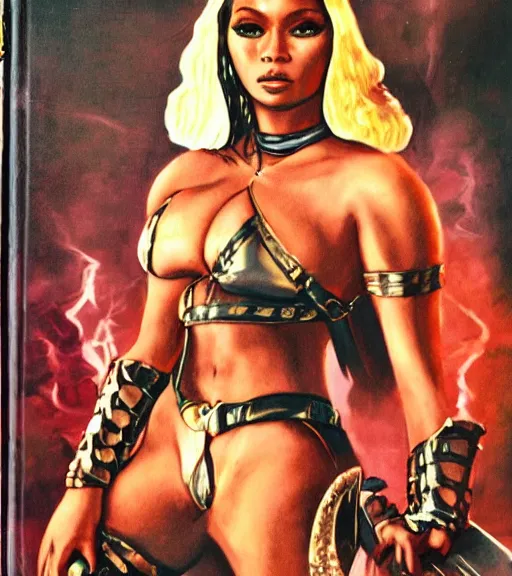 Image similar to 1 9 8 0 s fantasy novel book cover, nicki minaj in extremely tight bikini armor wielding a cartoonishly large sword, exaggerated body features, dark and smoky background, low quality print