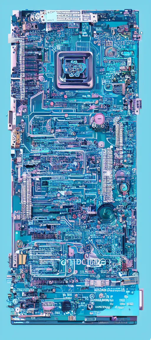 Prompt: a computer assembly diagram, detailed, aesthetic, vaporwave colors, faded effect,