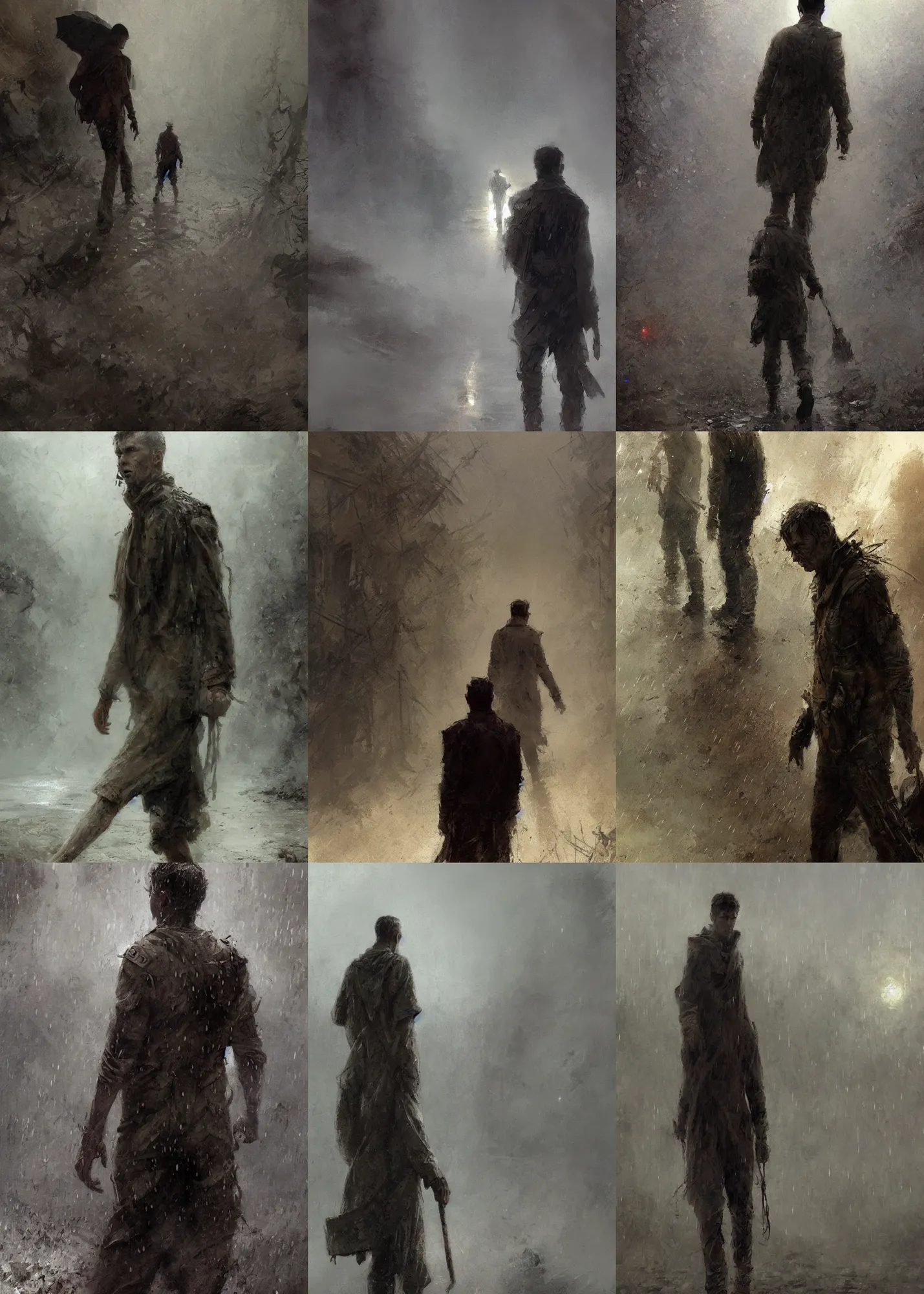 Prompt: 3 / 4 view digital art painting of a suffering devastated gaunt young man survivor from a nuclear war, walking through the rain of ashes, apocalypse, painted by craig mullins and gaston bussiere and greg rutkowski, dramatic lighting