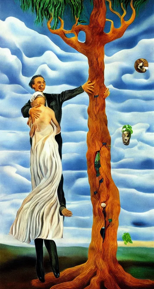 Prompt: Marie Curie hugging a tree, surreal oil painting by Salvador Dalí