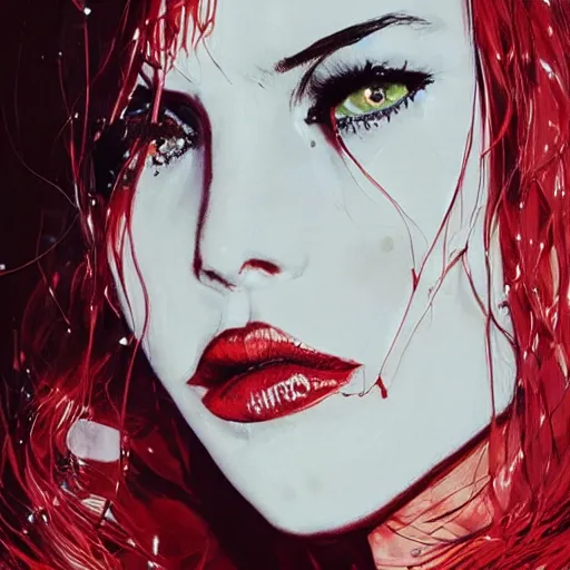 Image similar to lips sewn shut surrounded by red curtains by Conrad Roset and Nicola Samuri, close-up shot, rule of thirds, seductive look, beautiful, intricate, dystopian, sci-fi, extremely detailed, digital painting, artstation, concept art, smooth, sharp focus, illustration, intimidating lighting, incredible art, details visible, very dark ambiance