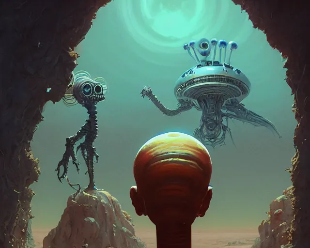 Image similar to highly detailed portrait of an alien, in mars attacks!, stephen bliss, unreal engine, fantasy art by greg rutkowski, loish, rhads, ferdinand knab, makoto shinkai and lois van baarle, ilya kuvshinov, rossdraws, tom bagshaw, global illumination, radiant light, detailed and intricate environment