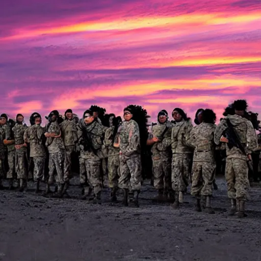 Image similar to an army of a million Barrack Obama’s on the battlefield with a beautiful sunset in the distance behind them, high contrast 4k hd photograph,