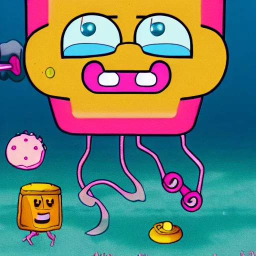 Image similar to pink jellyfish hits Sponge Bob with a metal sieve