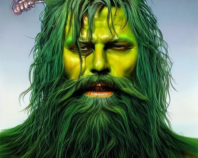 Prompt: hyperrealistic detailed character portrait painting of a man made of green jelly with a long black beard flowing in the wind, vibrant, very colorful, 1980s metal artwork, dystopian feel, heavy metal, in the style of Michael Whelan and Zdzisław Beksiński, hyper detailed, trending on Artstation