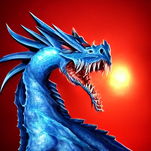 Prompt: a majestic dragon with azure blue eyes, iron claws, golden wings and scarlet red skin, hd, 4k, trending on artstation, award winning, 8k, 4k, 4k, very very very detailed, high quality digital art