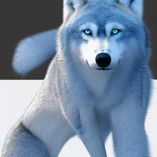Prompt: 3 d render,, far shot, well toned, large tall, female anthropomorphic wolf, blue fur with white spots, thick fur covering her chest.