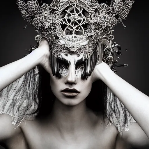 Prompt: a portrait of female model by stefan geselle and nekro borja, photorealistic, intricate details, hyper realistic, ornate headpiece, dark beauty, photorealistic, canon r 3, photography, wide shot, photography, dark beauty, symmetrical features