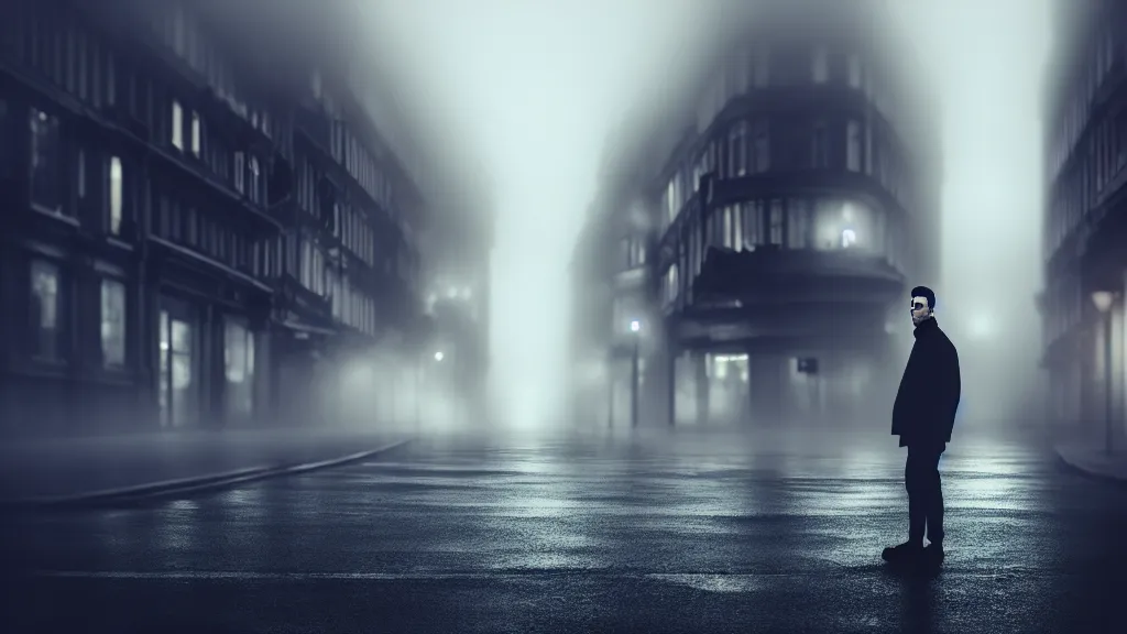 Image similar to a close portrait of a man with a street in the background, fog, volumetric lighting, mystique, atmospheric, sharp focus, ultra detailed, noir art house, 4 k, cinematic, 3 5 mm