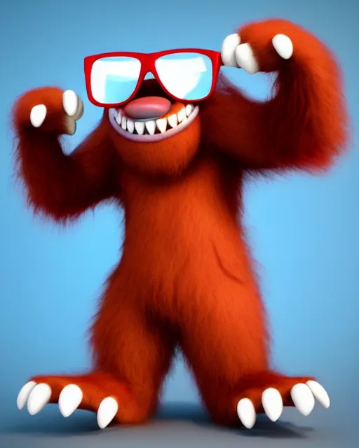 Prompt: 3 d render of completely red hairy friendly antropomorphic cartoony creature wearing white ray - ban shades, full body, simple, smiling, no nose, cute, white background, unreal engine 5 hdr