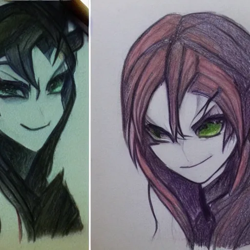 Prompt: before and after drawing of the same character side by side, colour pencil sketch, terrible art left, good art right, original content do not steal, deviant art, no crop