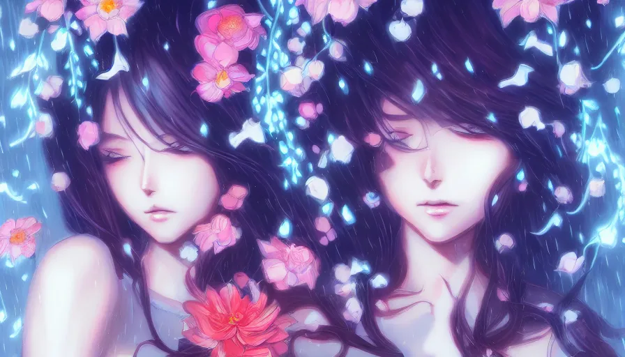 Image similar to anime girl, flowers, rain, lightning, storm, digital painting, illustration by james jean and artgerm and mina petrovic and timothy kong and marina federovna, artstation