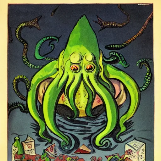 Image similar to parisian caricature of cthulhu