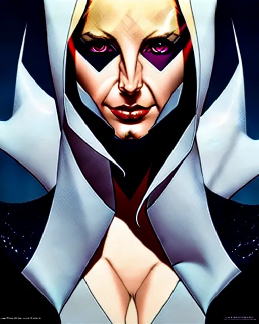 Image similar to artgerm, joshua middleton comic cover art, pretty sarah michelle gellar superhero, very pale white skin, asymmetrical black spot covering left eye only, no spot right eye white around right eye