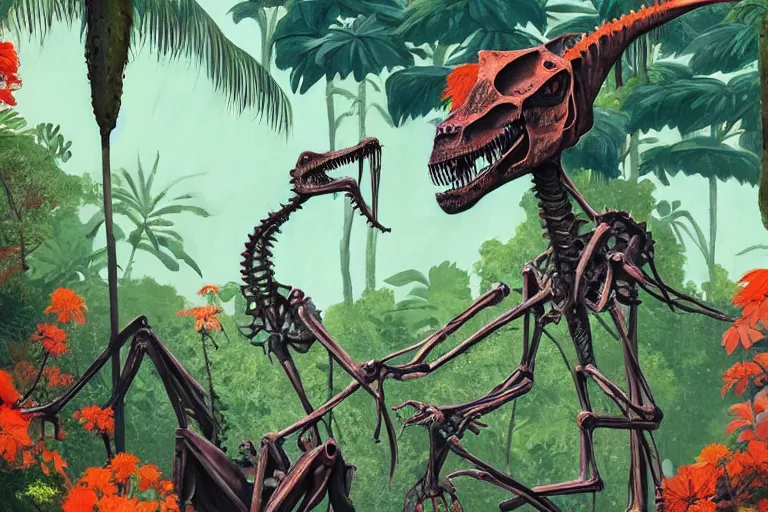 Image similar to 2 d gouache illustration, a lot of exotic vegetation, trees, tremendous skeletal robotic ancient dinosaur, flowers, oldschool vintage sci - fi flat surreal design, super - detailed, painting by satoshi kon, hd, 4 k, high quality