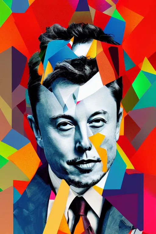 Image similar to cubist portrait of elon musk cutout digital illustration cartoon colorful beeple