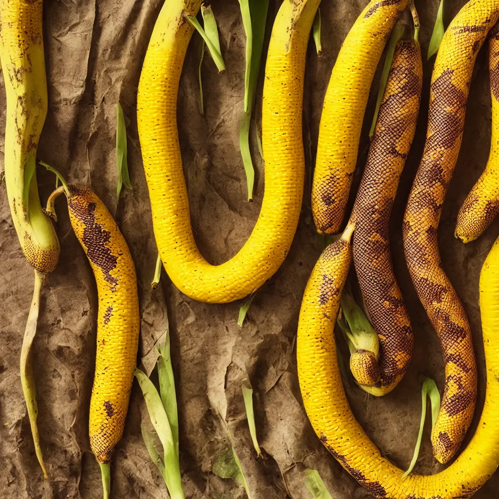 Prompt: snake banana in the shape of colorful corncob, closeup, hyper real, food photography, high quality