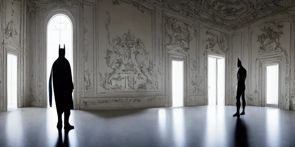 Image similar to Batman standing in giant Italian modern castle living room, clean minimalist design, that is 1300 feet tall, with very tall giant walls filled with modern art paintings, doors that are cosmic portals, photo by Annie Leibovitz