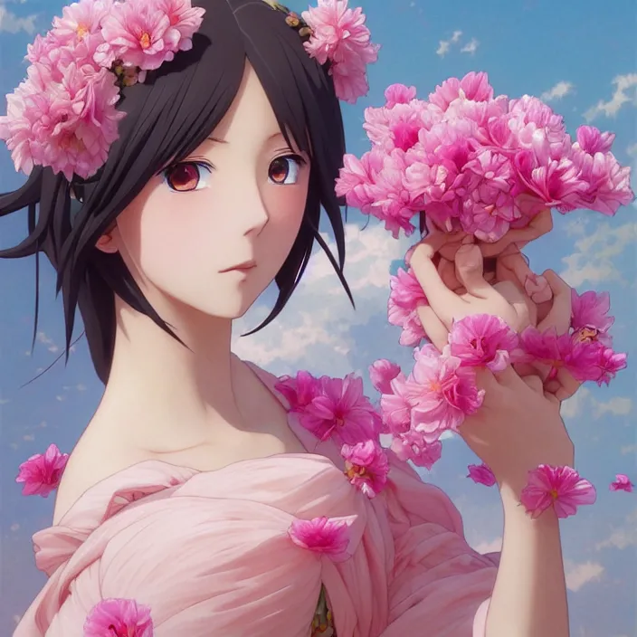 Prompt: pink petals with a shape of an anime girl, krenz, ghibli, anime style, intricate, elegant, highly detailed, wonderful eyes, sweet, digital painting, artstation, concept art, smooth, sharp focus, illustration, art by artgerm and greg rutkowski and alphonse mucha and william - adolphe bouguereau