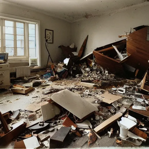Image similar to The kinetic sculpture shows a scene of total destruction. A room has been completely wrecked, with furniture overturned, belongings strewn about, and debris everywhere. The only thing left intact is a single photograph on the wall. This photograph is the only evidence of what the room once looked like. It shows a tidy, well-appointed space, with everything in its place. The contrast between the two images is stark, and it is clear that the destruction was complete and absolute. ceramic bust by David Driskell rich