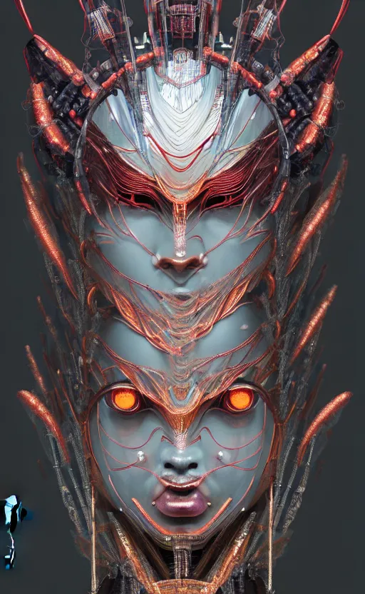 Image similar to asura from chinese myth, ghost, gorgeous and huge head ornaments, dystopian, cyberpunk, organic fractal mycelum and fungi, mecha, halfturn portrait of a big crystal face made of crystals half - turn, ominous, intricate, studio, art by anthony macbain + greg rutkowski + alphonse mucha, concept art, 4 k, sharp focus