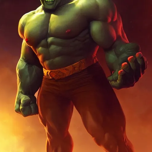 Image similar to characters portrait of Hulk mixed with Darkseid by ArtGerm and Tom Bagshaw, merged character, Full body shot, cinematic opening shot, 4k, highly detailed, cinematic lighting