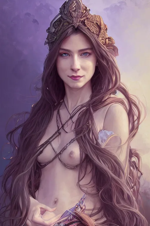 Image similar to portrait of a stern female traveler, looking at camera, D&D, stylish attire, very long flowing hair, intricate, elegant, stylish, cute smile, fantasy, extremely detailed, digital painting, artstation, concept art, smooth, sharp focus, illustration, ambient lighting, art by artgerm and greg rutkowski and alphonse mucha and simon stalenhag