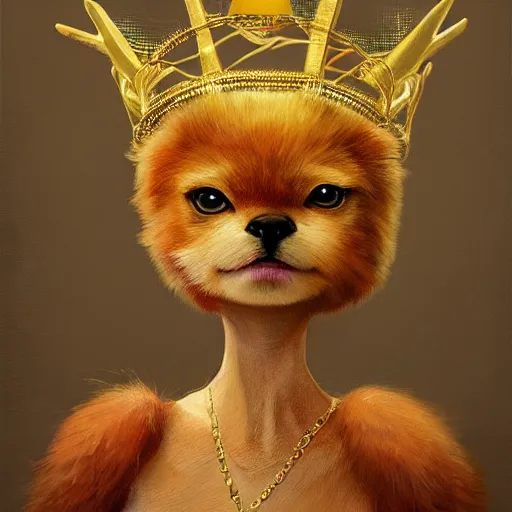 Image similar to a cute furry chick wears a golden metal crown on its head, by esao andrews, by m. w. kaluta, volumetric light, rich colors, very humorous oil painting, realistic reflections, smooth, concept art, depth perception, high depth of field, 4 k, unreal engine 5, ultradetailed, hyperrealistic, artstation