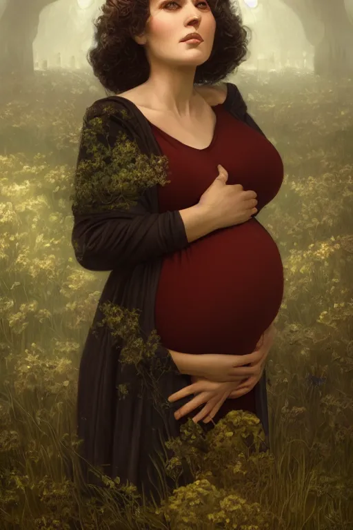 Image similar to portrait of a pregnant widow next to the grave, illustration, dramatic lighting, soft details, painting oil on canvas, art deco, octane render, HDR, 4k, 8k, HD, by Edmund Blair Leighton, Brom, Charlie Bowater, trending on artstation, faces by Tom Bagshaw, Sargent