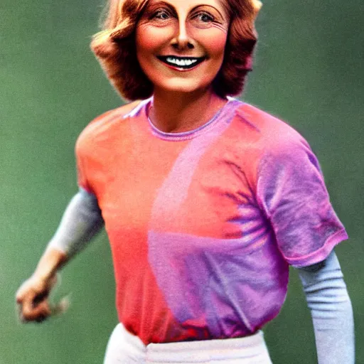 Image similar to a 1 9 2 8 color portrait. happy, healthy, smiling, sporty, glowing greta garbo in athletic wear with big smile and healthy teeth. colorful, realistic, high quality.