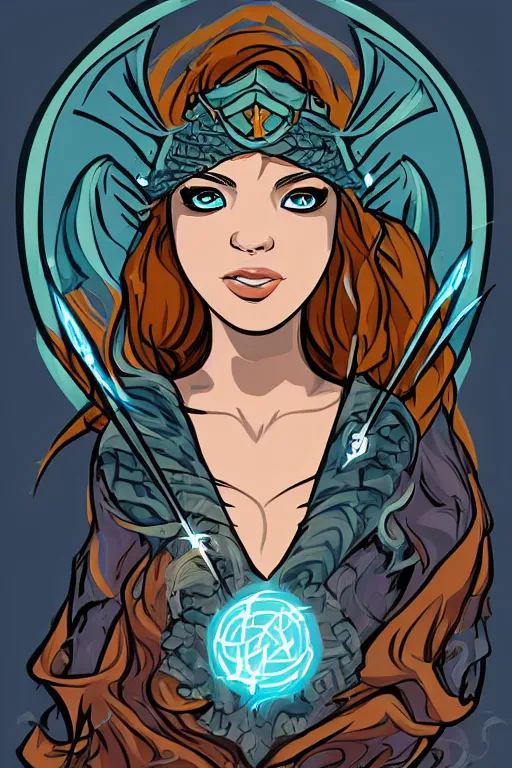 Image similar to Portrait of a siren that is a wizard casting a spell , wizard, medieval, sticker, colorful, casting epic spell, magic the gathering artwork, D&D, fantasy, artstation, heroic pose, illustration, highly detailed, simple, smooth and clean vector curves, no jagged lines, vector art, smooth