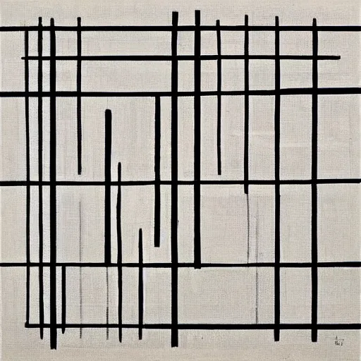 Image similar to a geometric painting in the style of Pierre Soulages which is aligned to an invisible square grid, varied line width and value, simple geometric shapes of varied size, monochromatic with pops of pastel tones