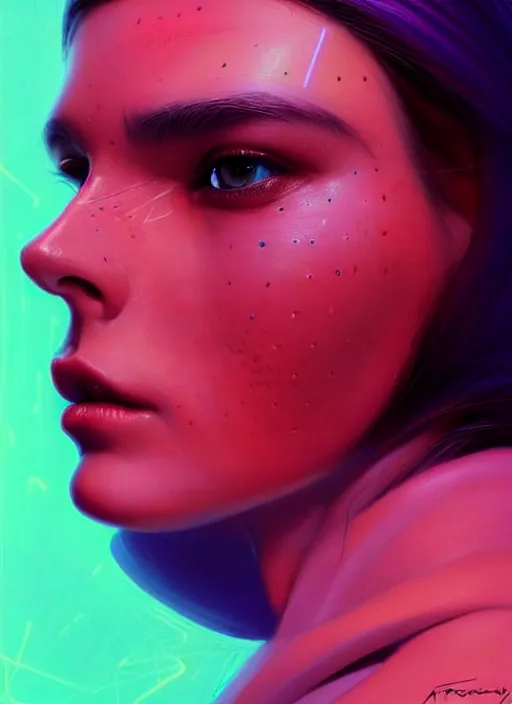 Image similar to photorealistic an european female humanoid with heavy freckle cheeks, cyber neon lightings, futurism, cyberpunk high fashion, elegant profile pose, intricate details, crispy quality, digital photography, trending in artstation, trending in pinterest, no watermark signature, cinematic, 4 k ultra hd, art by artgerm, art by greg rutkowski, art by pascal blanche