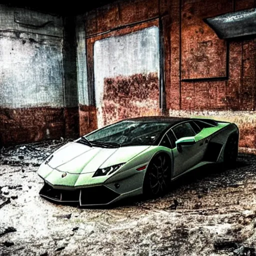 Prompt: grainy blurry low quality photograph of a brand new lamborghini in a dark room in a rotting abandoned house full of trash