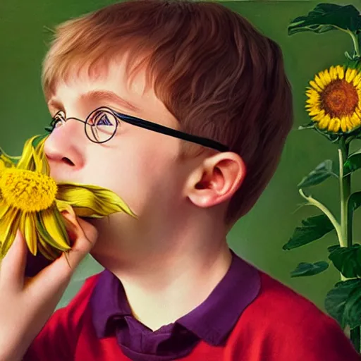 Image similar to hyperrealism portrait where harry potter appears holding and smelling a sunflower, in the background is the moon