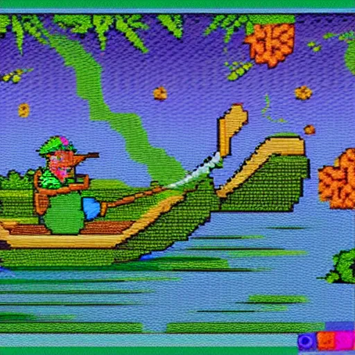 Image similar to expensive pixel work, dithered masterpiece, pixel art shrek fishing on a sailboat