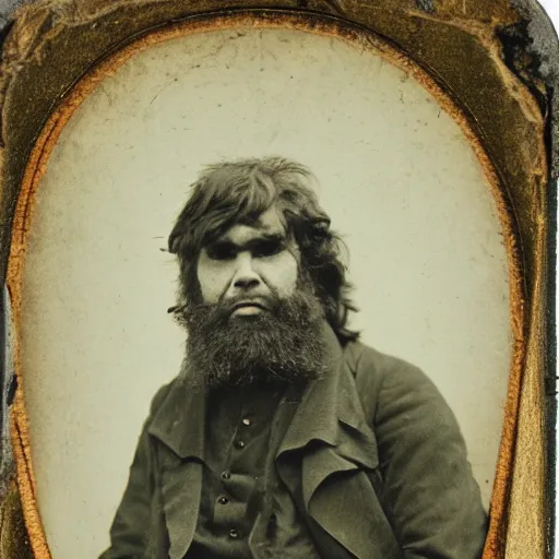 Prompt: Daguerreotype of a caveman at a train station (1867),