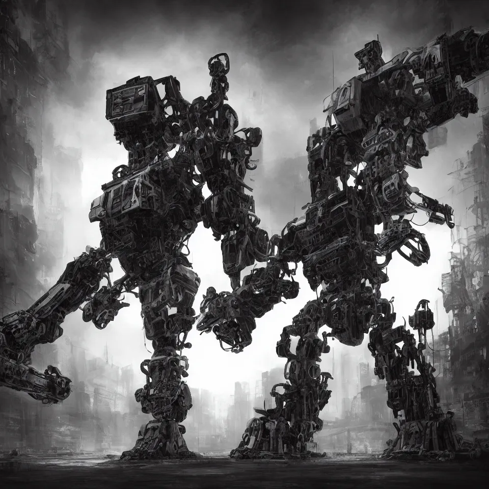 Prompt: one giant robot, ricardo federici, epic composition, feng zhu, masterpiece, ink drawn horror, greate space, creepy, fog, volume light, black and white high resolution, 8 k, highly detailed, processing, extremely hyperdetailed