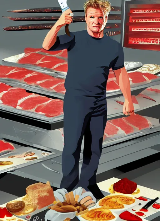 Prompt: Gordon Ramsay Holding a butchers knife in the style of GTA Artwork