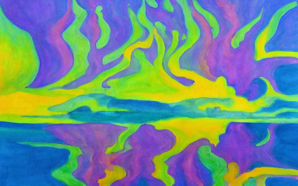 Image similar to the explosion of an atomic power plant and reflection in a lake in the style of georgia o keeffe. colorful, wavy. painting. medium long shot. perspective. color palette of blue, yellow, purple, green.