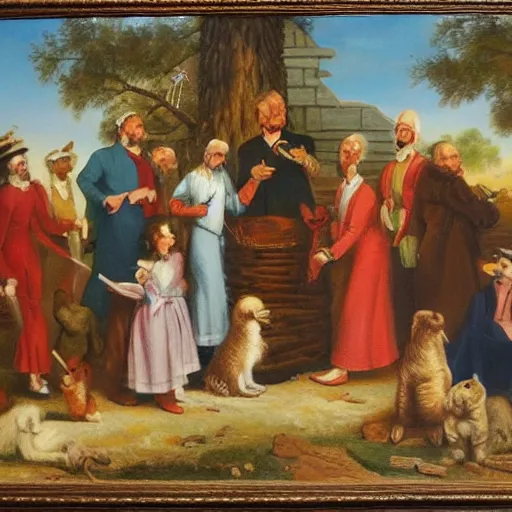 Image similar to oil painting by thomas hart brenton of the peaceable kingdom.