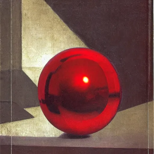 Prompt: chrome spheres on a red cube by raffaello sanzio da urbino