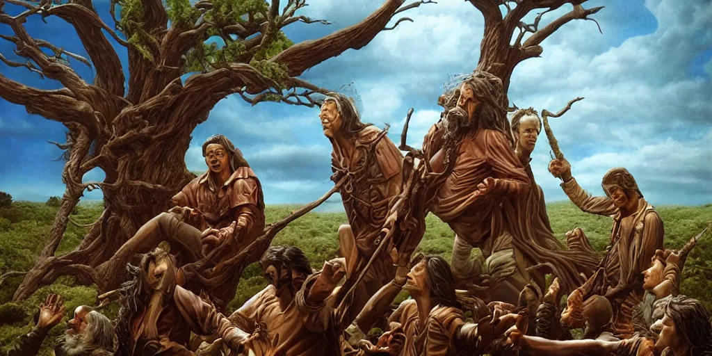 Prompt: messengers mourning for the rotten and slashed tree Michael Whelan by Jeff Easley photorealistic by Edmonia Lewis, cinematic, coherent, realistic faces, clear, detailed, intricate, dramatic lighting, establishing shot, 8k resolution