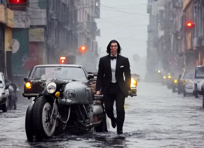 Image similar to first official image from bond 2 6, starring adam driver as agent 0 0 7, riding an actual live shark through the streets of valparaiso, chile in heavy rain. directed by alejandro inarritu. stunning cinematography, kodak vision 2 0 0 t, high contrast, anamorphic lens, chromatic aberration.