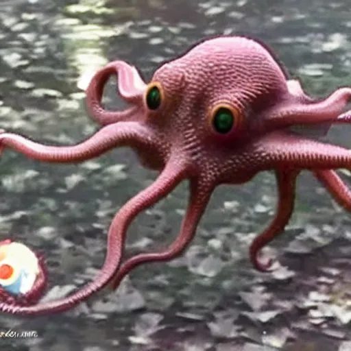 Image similar to flying adorable lady octopus with big eyelashes flirting with the cameraman, real footage, masterpiece