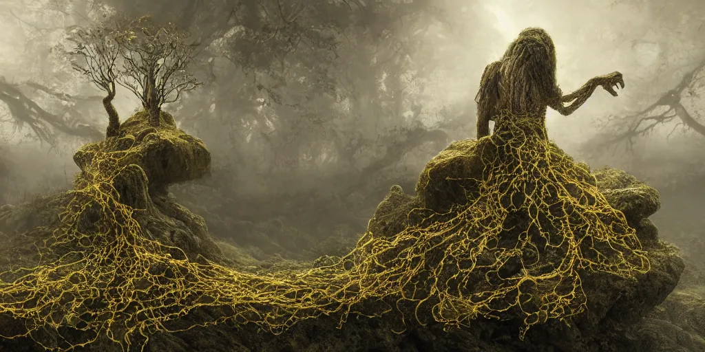 Prompt: Photorealistic intricate detailed picture of a levitating floating man made out of fungus tendrils, with arms outstretched. a gentle rising mist, an epic rocky landscape. occult photorealism, UHD, amazing depth, glowing, golden ratio, 3D octane cycle unreal engine 5, volumetric lighting, cinematic lighting, cgstation artstation concept art