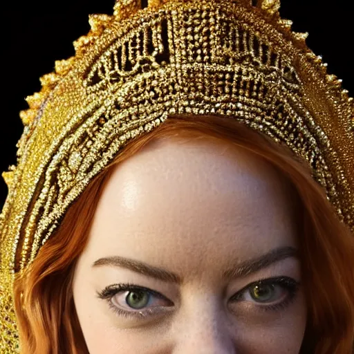 Image similar to A full body shot of Emma Stone wearing a golden Arabian crown , royality, high quality, fully detailed, 4k