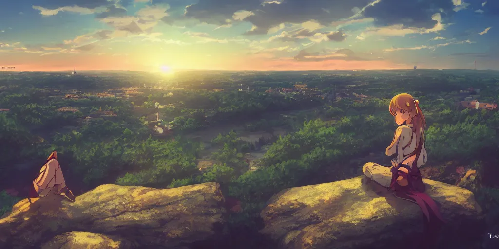 Image similar to tsarevna sitting on a rock off to the side looking down upon swedish town, during dawn, cinematic, very warm colors, intense shadows, anime illustration, anime screenshot composite background