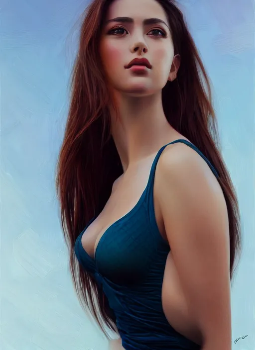 Image similar to high angle photo of a gorgeous young woman in the style of stefan kostic, realistic, 1 / 2 body crop, 8 5 mm art lens, f 1. 2, sharp focus, 8 k high definition, insanely detailed, intricate, elegant, art by stanley lau and artgerm